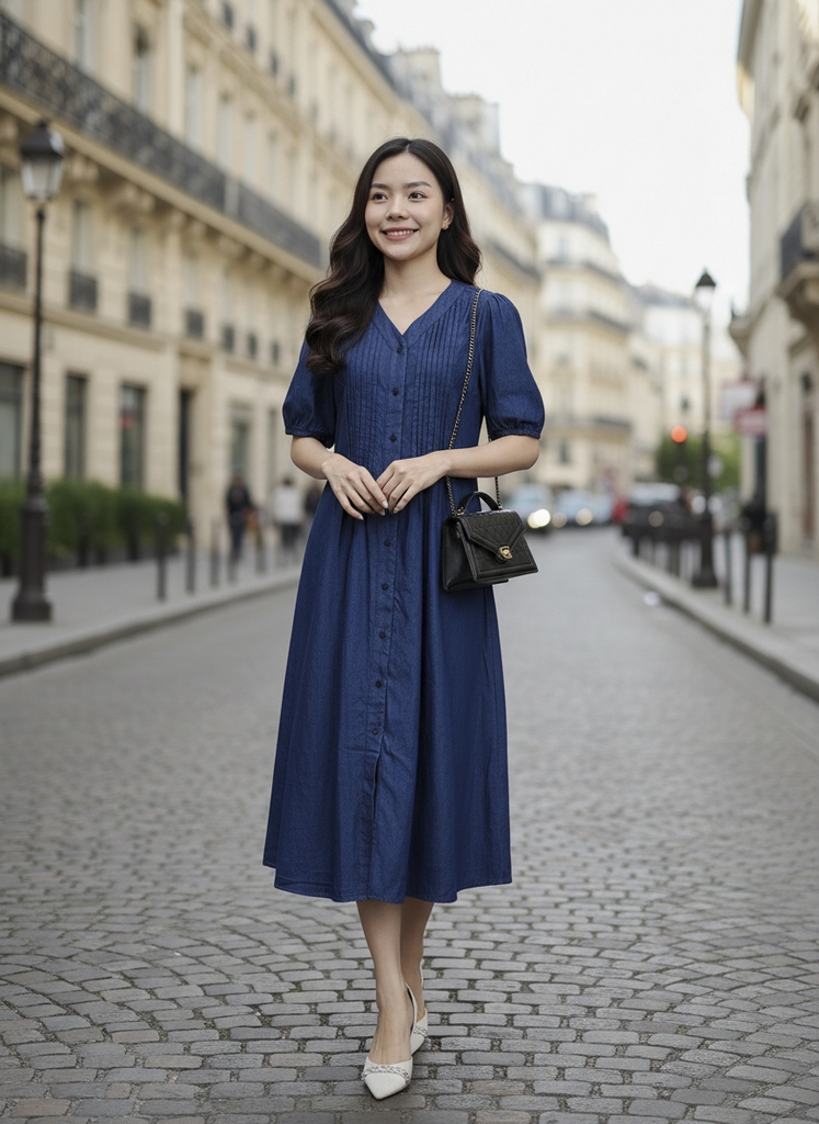 SWANLAKE | Váy Đầm Nữ Midi Suông Trơn Cài Nút Denim Jean Wash Tay Ngắn Cổ Chữ V Công Sở D13352MW01