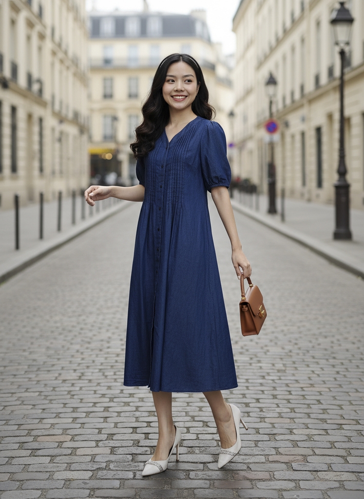 SWANLAKE | Váy Đầm Nữ Midi Suông Trơn Cài Nút Denim Jean Wash Tay Ngắn Cổ Chữ V Công Sở D13352MW01