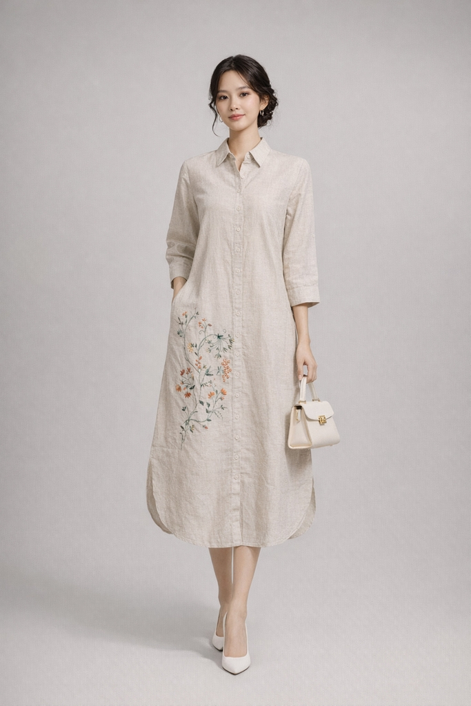 SWANLAKE | Váy Đầm Nữ Suông Vải Linen Thêu Hoa Cổ Sơ Mi Cài Nút Tay Lỡ Dây Thắt Eo Công Sở D13577LW01