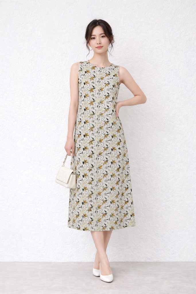 SWANLAKE | Váy Đầm Nữ Maxi Suông Sát Nách Xẻ Tà Linen Bông In Hoa Hè Cổ Tròn Có Túi Du Lịch D12380LW05