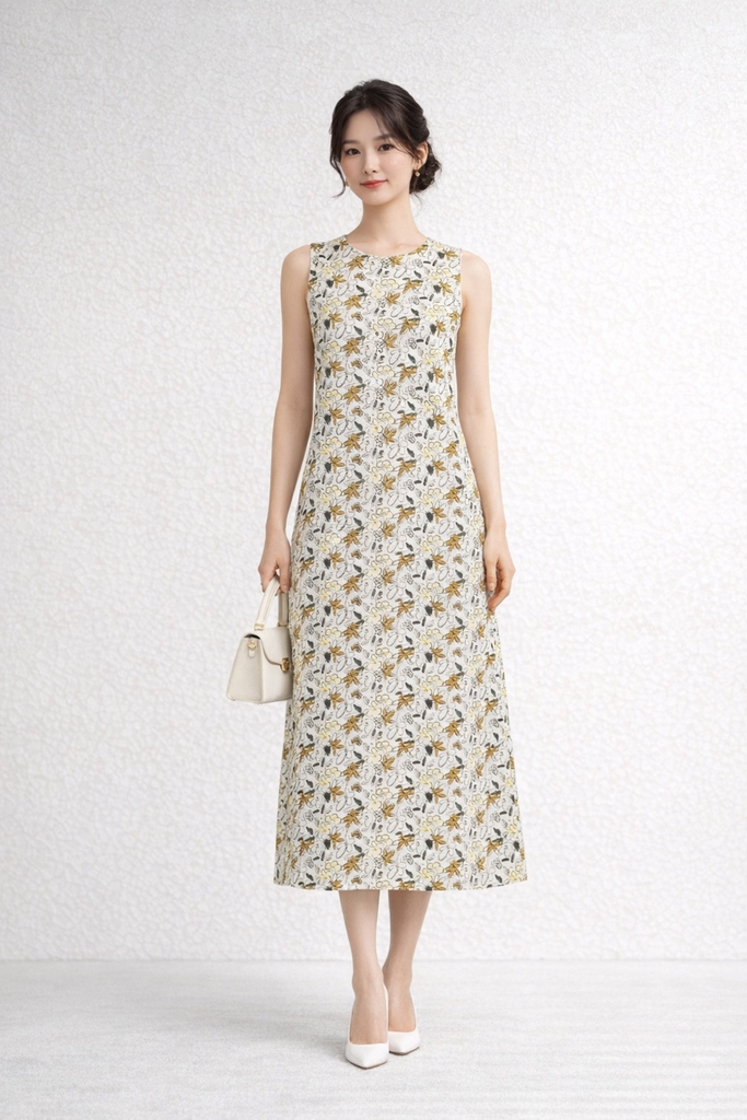 SWANLAKE | Váy Đầm Nữ Maxi Suông Sát Nách Xẻ Tà Linen Bông In Hoa Hè Cổ Tròn Có Túi Du Lịch D12380LW05