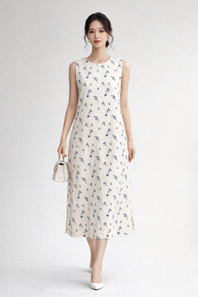 SWANLAKE | Váy Đầm Nữ Maxi Suông Sát Nách Xẻ Tà Linen Bông In Hoa Hè Cổ Tròn Có Túi Du Lịch D12380LW05