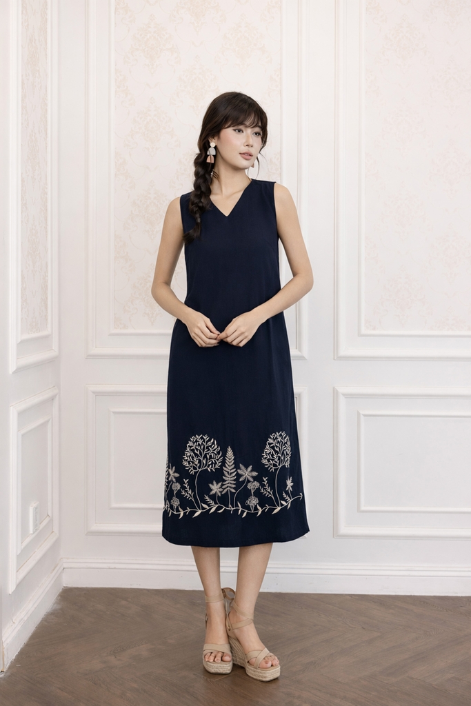 SWANLAKE | Váy Đầm Nữ Suông Sát Nách Cổ Chữ V Vải Linen Hàn Thêu Hoa Du Lịch Dạo Phố Hè D13721LW01