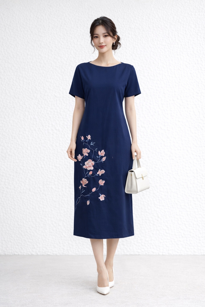 SWANLAKE | Váy Đầm Nữ Maxi Suông Tay Ngắn Cổ Tròn Vải Linen Thêu Hoa Có Túi Xẻ Tà Công Sở D13610LW01