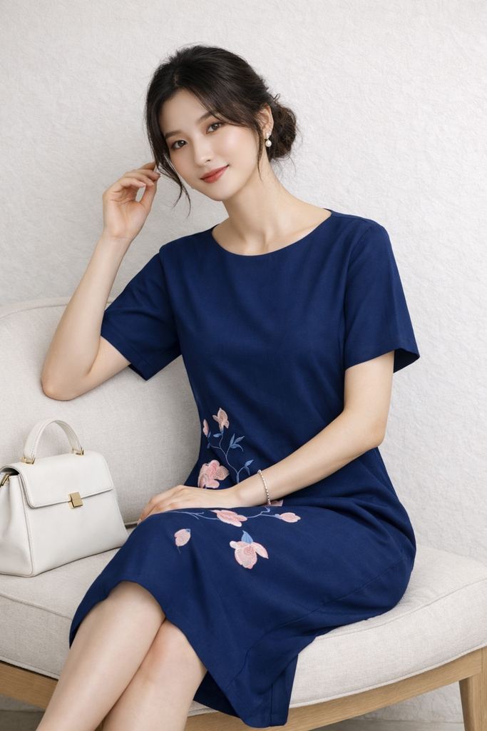 SWANLAKE | Váy Đầm Nữ Maxi Suông Tay Ngắn Cổ Tròn Vải Linen Thêu Hoa Có Túi Xẻ Tà Công Sở D13610LW01