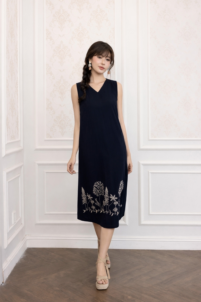 SWANLAKE | Váy Đầm Nữ Suông Sát Nách Cổ Chữ V Vải Linen Hàn Thêu Hoa Du Lịch Dạo Phố Hè D13721LW01