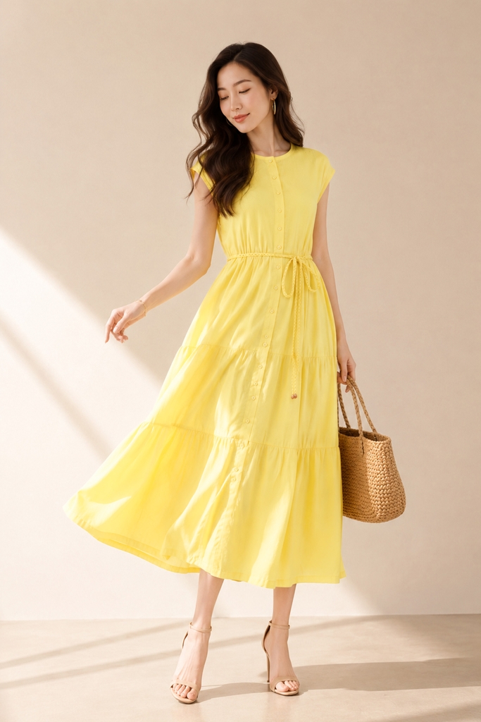 SWANLAKE | Váy Đầm Midi Tơ Cotton Có Cột Dây Chất Tơ Tay Hến D12971LW01