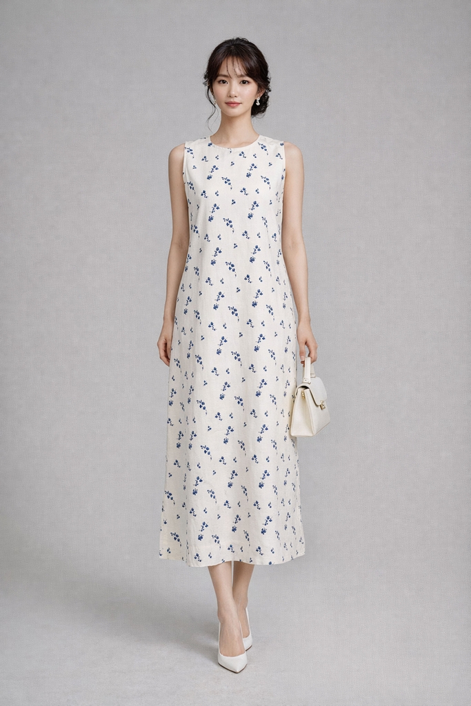 SWANLAKE | Váy Đầm Nữ Maxi Suông Sát Nách Xẻ Tà Linen Bông In Hoa Hè Cổ Tròn Có Túi Du Lịch D12380LW05