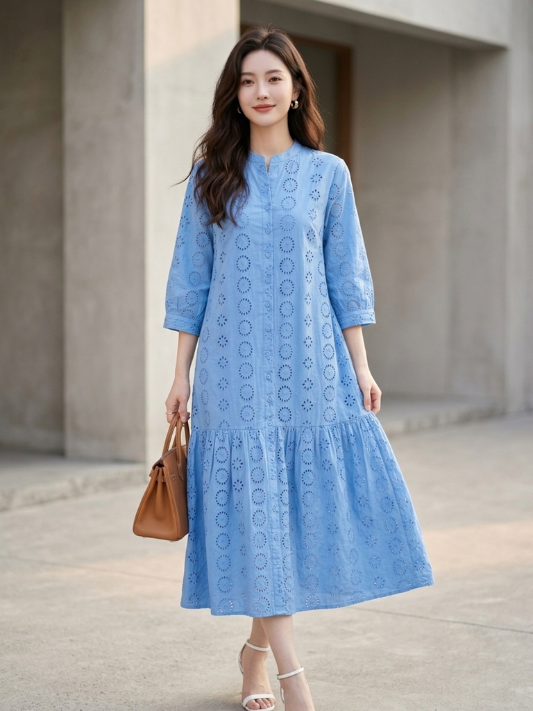 SWANLAKE | Váy Đầm Nữ Maxi Suông Đuôi Cá Cổ Trụ Cài Nút Cotton Thêu Đục Lỗ Tay Lỡ Du Lịch Hè D12761LW05