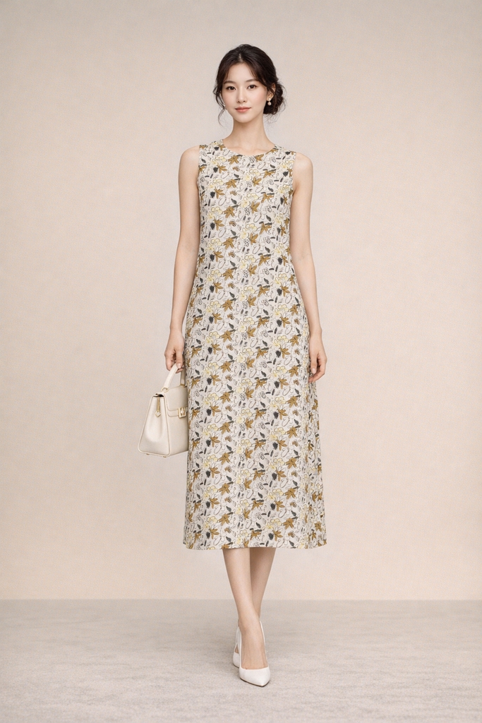 SWANLAKE | Váy Đầm Nữ Maxi Suông Sát Nách Xẻ Tà Linen Bông In Hoa Hè Cổ Tròn Có Túi Du Lịch D12380LW05