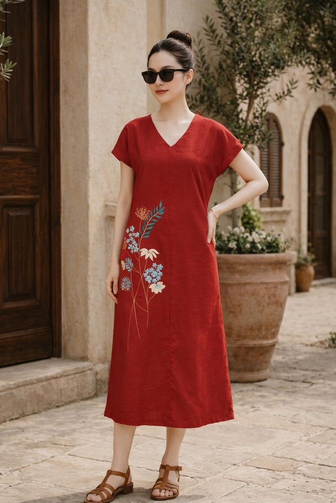 SWANLAKE | Váy Đầm Nữ Maxi Suông Tay Hến Cổ Chữ V Vải Linen Thêu Hoa Công Sở Dạo Phố Hè D13729LW01
