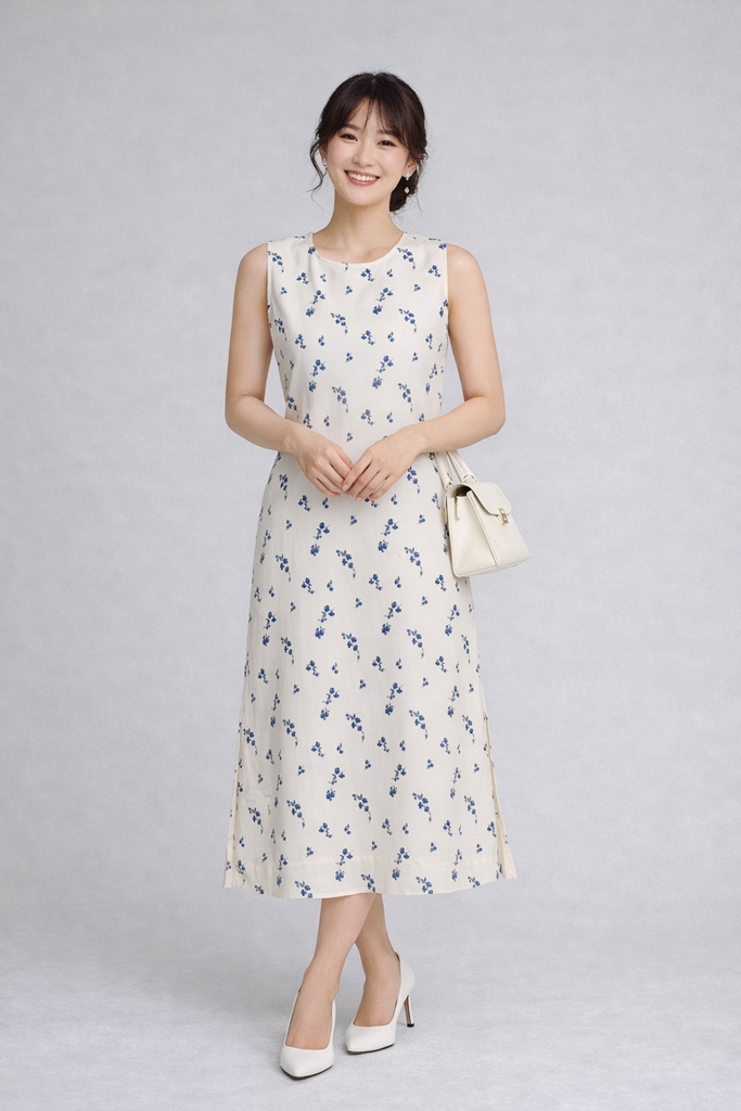 SWANLAKE | Váy Đầm Nữ Maxi Suông Sát Nách Xẻ Tà Linen Bông In Hoa Hè Cổ Tròn Có Túi Du Lịch D12380LW05