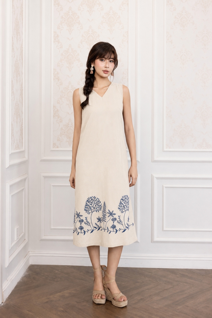 SWANLAKE | Váy Đầm Nữ Suông Sát Nách Cổ Chữ V Vải Linen Hàn Thêu Hoa Du Lịch Dạo Phố Hè D13721LW01