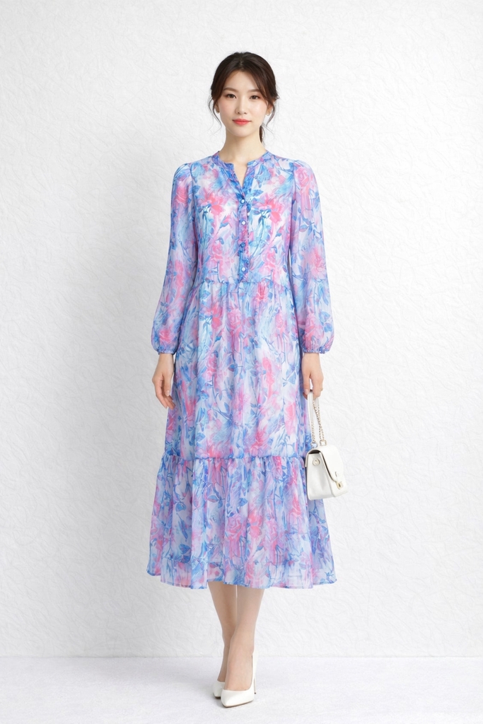 SWANLAKE | Váy Đầm Nữ Maxi Suông Xòe 2 Lớp Cổ Chữ V Cài Nút Tay Dài Vải Tơ In Hoa Đi Biển Hè D12073LW12