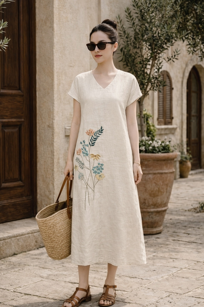 SWANLAKE | Váy Đầm Nữ Maxi Suông Tay Hến Cổ Chữ V Vải Linen Thêu Hoa Công Sở Dạo Phố Hè D13729LW01