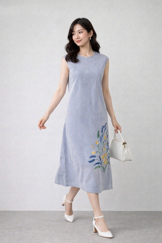 SWANLAKE | Váy Đầm Nữ Suông Sát Nách Vải Cotton Sọc Thêu Hoa Cổ Tròn Dạo Phố Du Lịch Hè D13550LW01