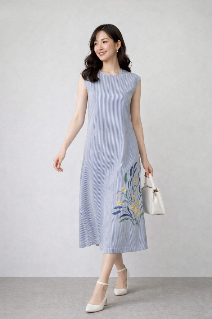 SWANLAKE | Váy Đầm Nữ Suông Sát Nách Vải Cotton Sọc Thêu Hoa Cổ Tròn Dạo Phố Du Lịch Hè D13550LW01