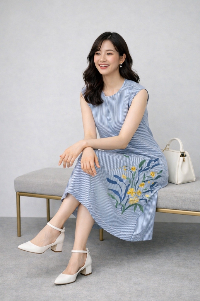 SWANLAKE | Váy Đầm Nữ Suông Sát Nách Vải Cotton Sọc Thêu Hoa Cổ Tròn Dạo Phố Du Lịch Hè D13550LW01