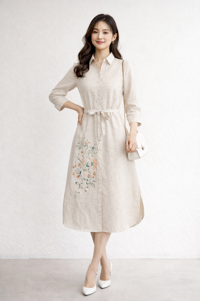 SWANLAKE | Váy Đầm Nữ Suông Vải Linen Thêu Hoa Cổ Sơ Mi Cài Nút Tay Lỡ Dây Thắt Eo Công Sở D13577LW01