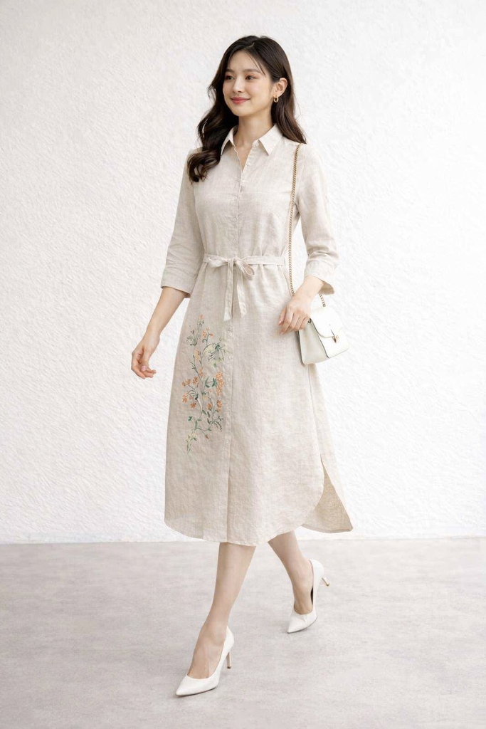 SWANLAKE | Váy Đầm Nữ Suông Vải Linen Thêu Hoa Cổ Sơ Mi Cài Nút Tay Lỡ Dây Thắt Eo Công Sở D13577LW01