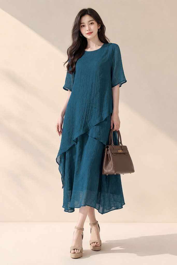 Đầm Suông Vắt Chéo Hai Lớp Tơ Xốp Lót Lụa Hàn D12062LW01