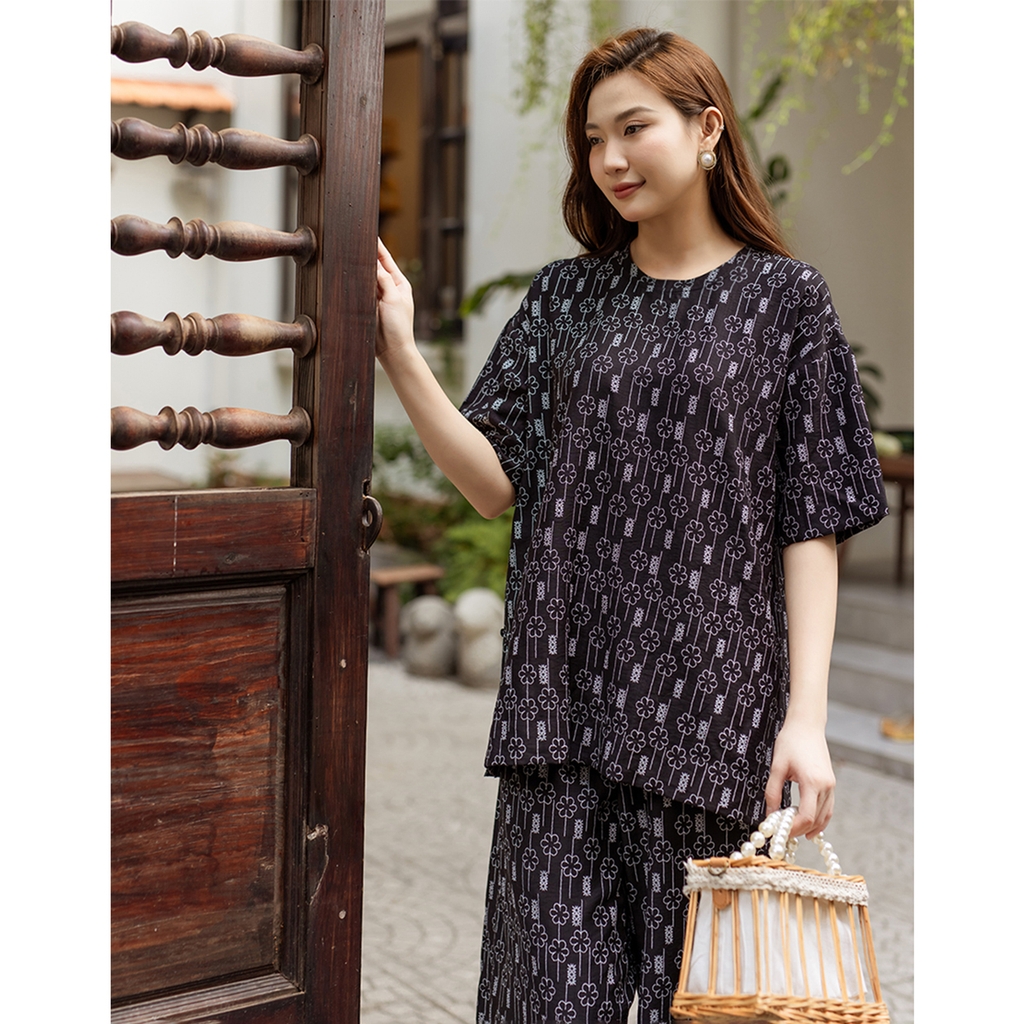 Set Bộ Dài Phom Rộng Tay Ngắn Cổ Thun Đũi Hàn - B11300LW02