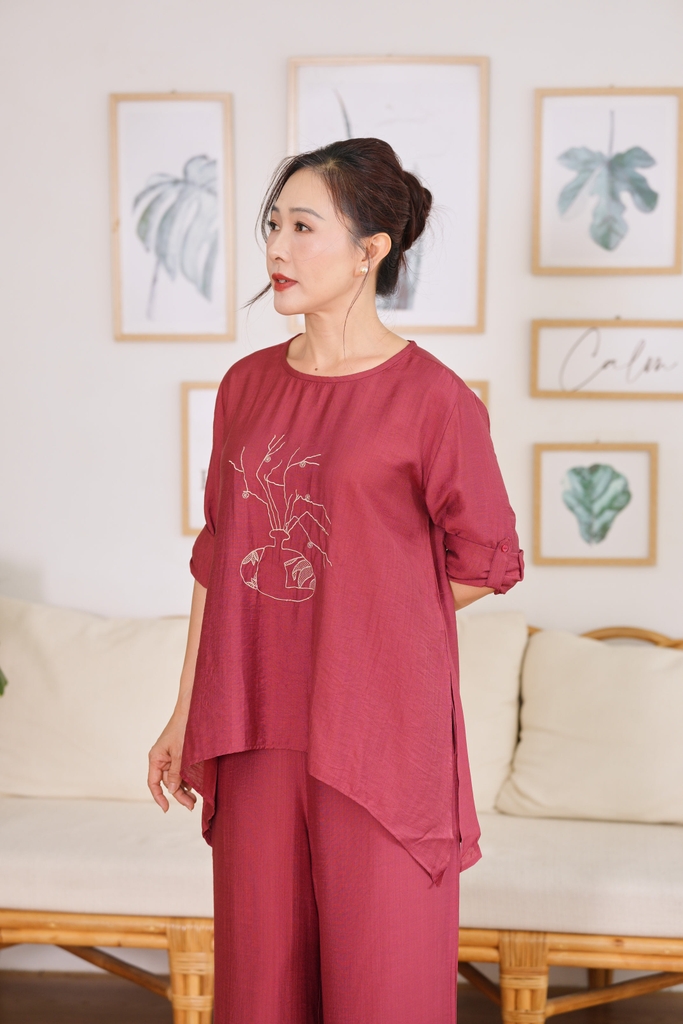 M-Collection - Bộ Dài Thêu Bình Hoa Cổ Tròn Chất Lụa Hàn - B11813LW01