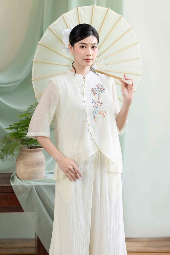 Set Đồ Bộ Dài Cổ Tàu Hình Thêu Tết Vải Xốp Hàn - B12119LW01