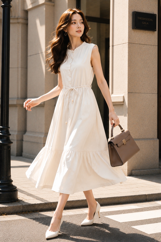 SWANLAKE | Váy Đầm Nữ Dài Đuôi Cá Xòe Sát Nách Vải Linen Hàn Cổ Trụ Cài Nút Công Sở Dạo Phố D13839LW01