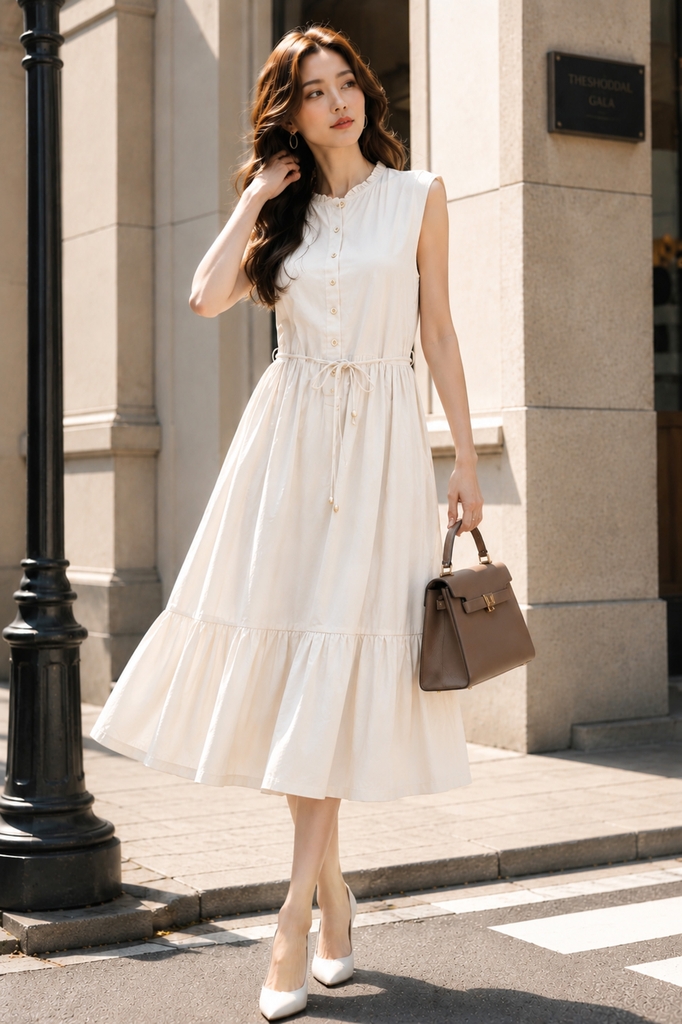 SWANLAKE | Váy Đầm Nữ Dài Đuôi Cá Xòe Sát Nách Vải Linen Hàn Cổ Trụ Cài Nút Công Sở Dạo Phố D13839LW01