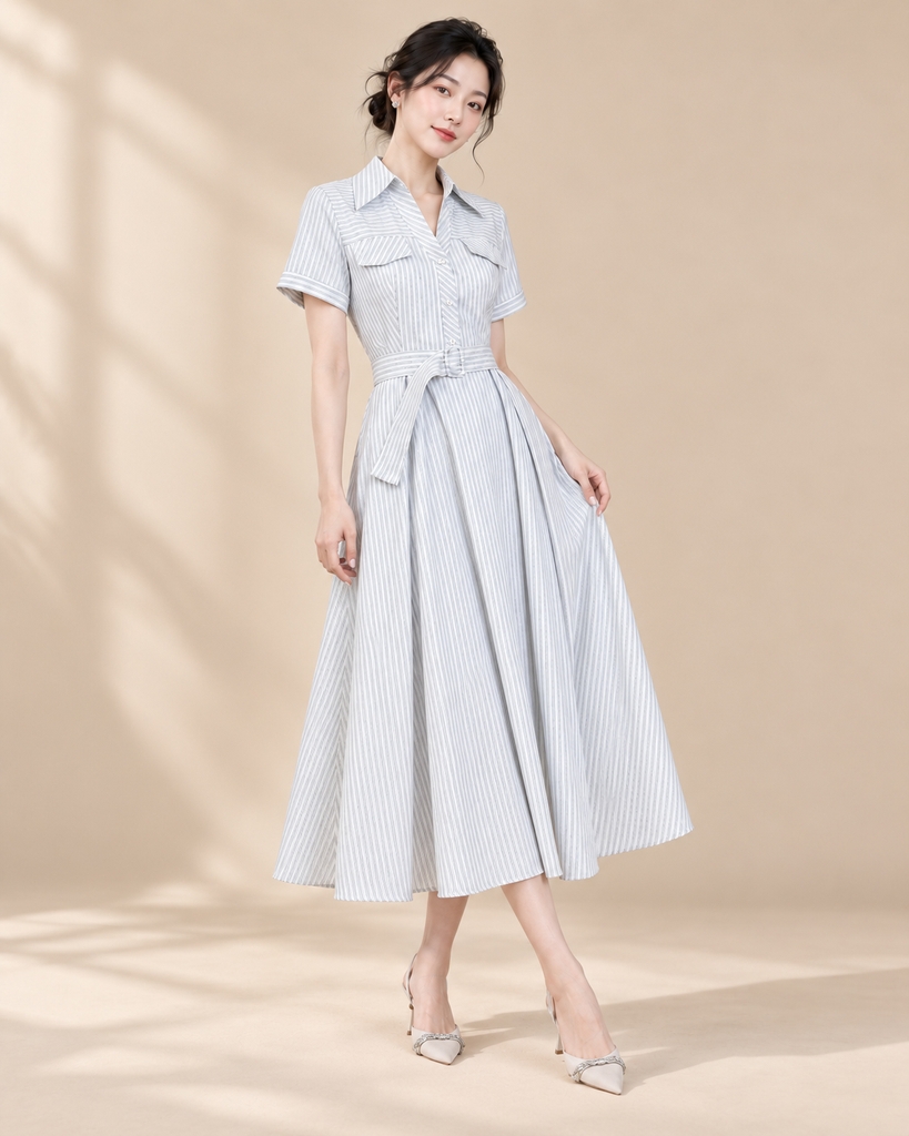 SWANLAKE | Váy Đầm Nữ Dài Dáng Xòe Cổ Sơ Mi Kẻ Sọc Vải Cotton Tay Ngắn Dây Thắt Eo Công Sở D14235MW01