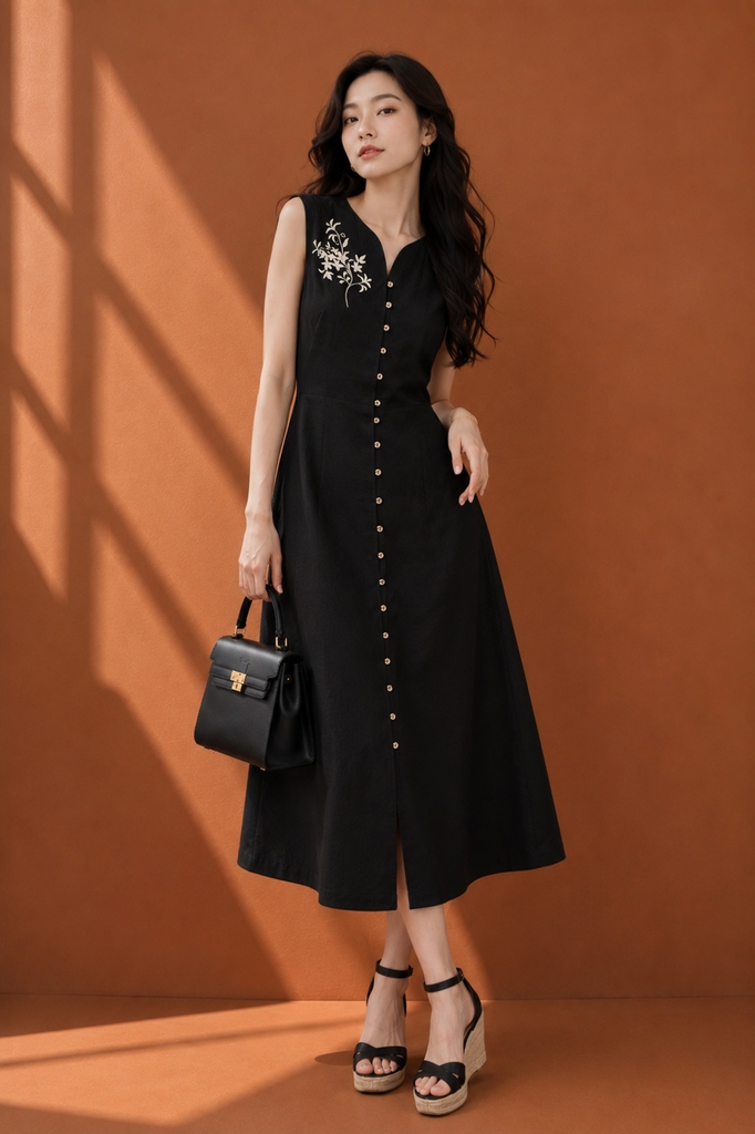 SWANLAKE | Váy Đầm Nữ Suông Dài Sát Nách Cài Nút Cổ Chữ V Vải Linen Thêu Hoa Công Sở Dạo Phố D13735LW01
