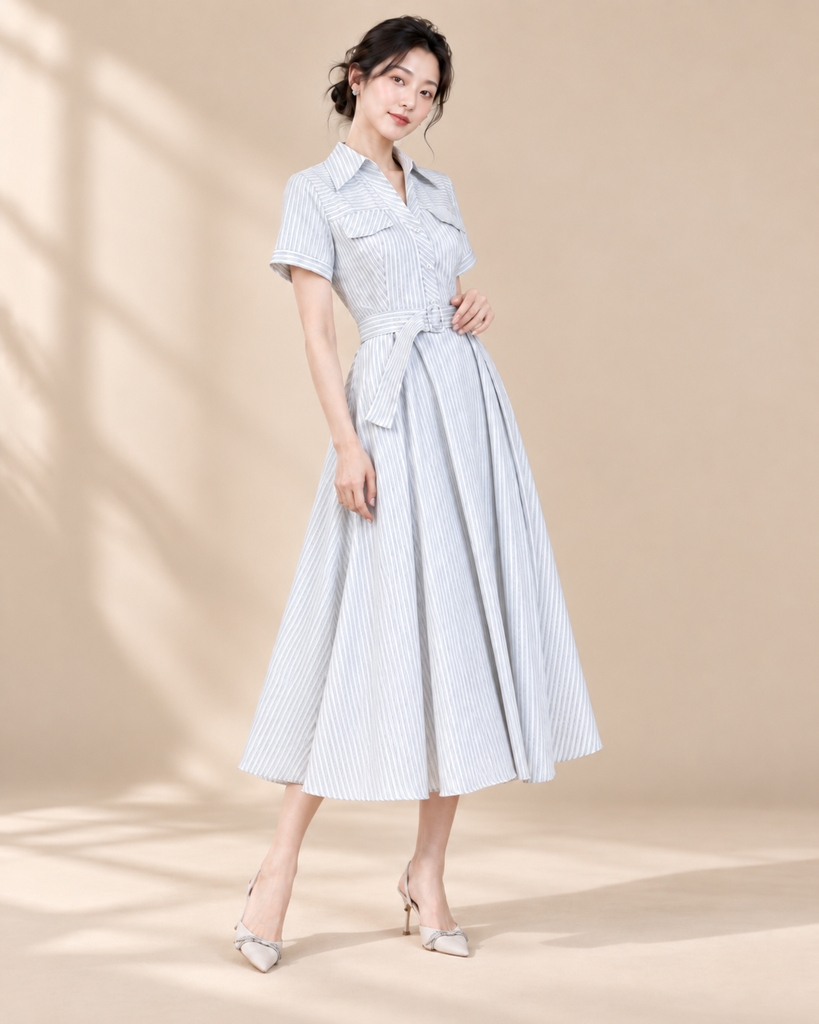 SWANLAKE | Váy Đầm Nữ Dài Dáng Xòe Cổ Sơ Mi Kẻ Sọc Vải Cotton Tay Ngắn Dây Thắt Eo Công Sở D14235MW01