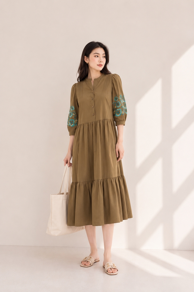 SWANLAKE | Váy Đầm Nữ Maxi Đuôi Cá Xòe Vải Cotton Tay Lỡ Thêu Hoa Cổ Trụ Cài Nút Công Sở D13567LW01