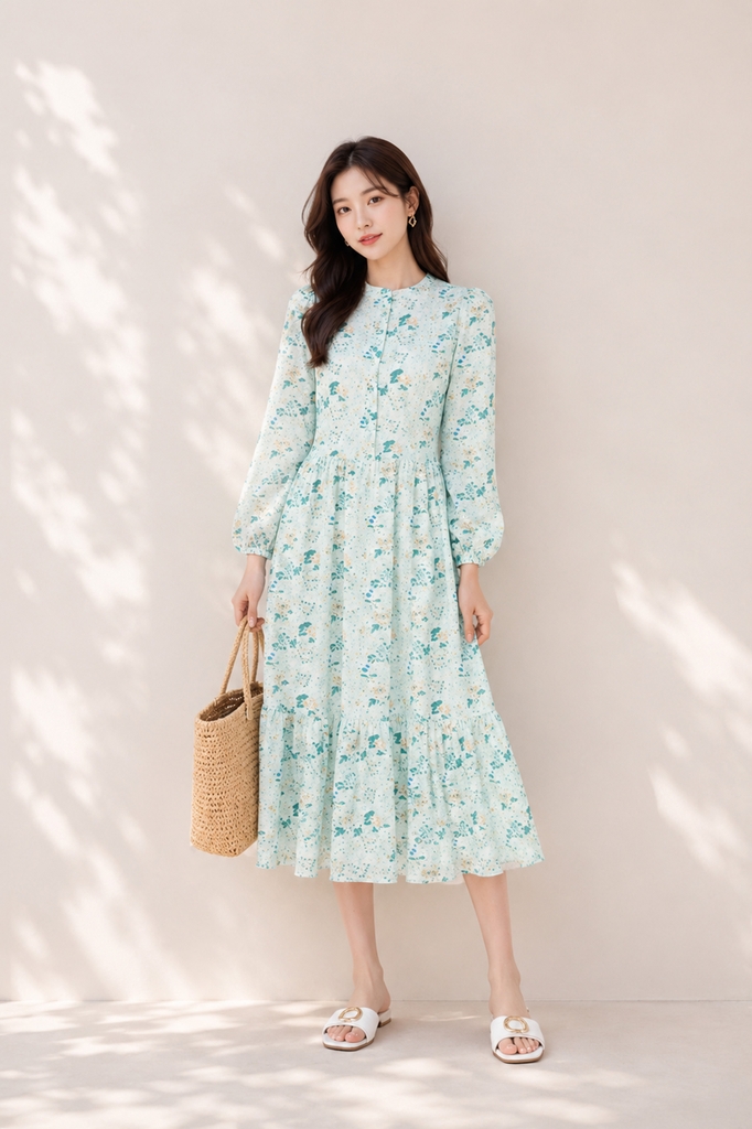 SWANLAKE | Váy Đầm Nữ Maxi Đuôi Cá Babydoll Cotton Thêu Đục Lỗ Trơn Cổ Trụ Cài Nút Tay Dài Hè D12394LW12