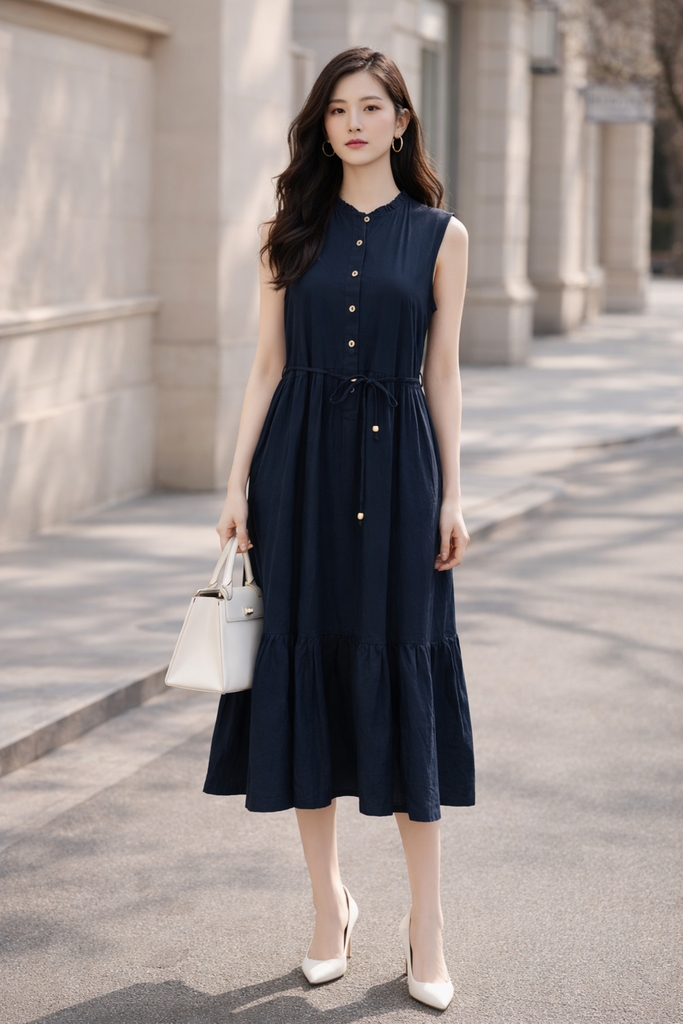 SWANLAKE | Váy Đầm Nữ Dài Đuôi Cá Xòe Sát Nách Vải Linen Hàn Cổ Trụ Cài Nút Công Sở Dạo Phố D13839LW01