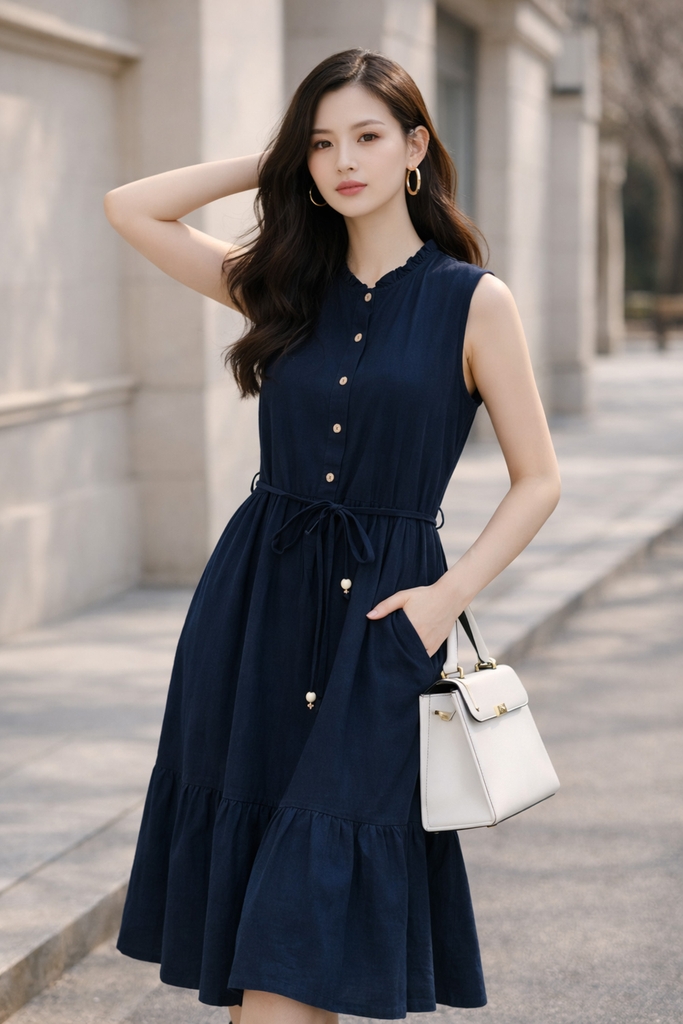 SWANLAKE | Váy Đầm Nữ Dài Đuôi Cá Xòe Sát Nách Vải Linen Hàn Cổ Trụ Cài Nút Công Sở Dạo Phố D13839LW01