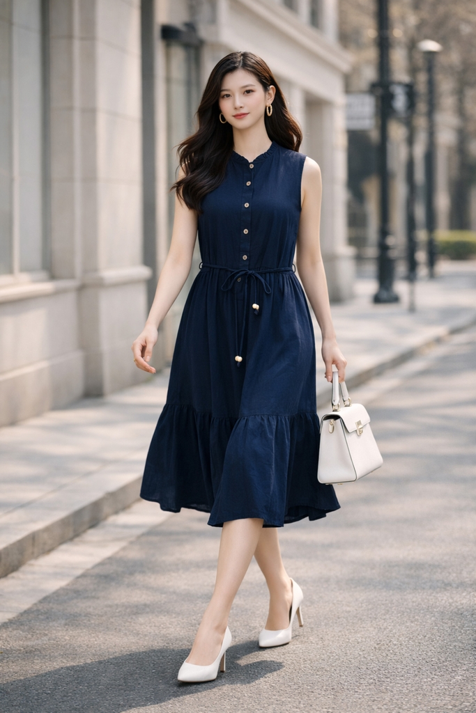 SWANLAKE | Váy Đầm Nữ Dài Đuôi Cá Xòe Sát Nách Vải Linen Hàn Cổ Trụ Cài Nút Công Sở Dạo Phố D13839LW01