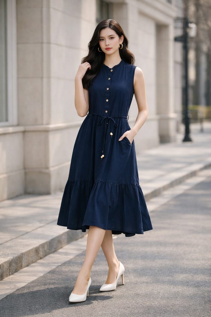 SWANLAKE | Váy Đầm Nữ Dài Đuôi Cá Xòe Sát Nách Vải Linen Hàn Cổ Trụ Cài Nút Công Sở Dạo Phố D13839LW01