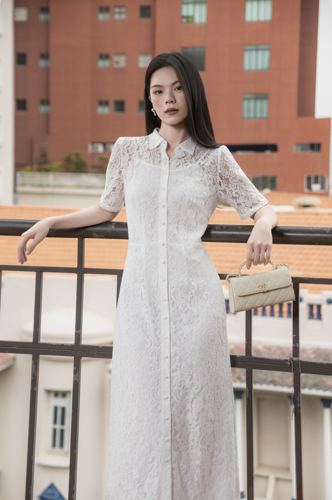 SWANLAKE | Váy Đầm Sơ Mi Nữ Vải Phối Ren Hoa 2 Lớp Chiết Eo Tay Ngắn Sang Trọng Đi Tiệc D13326LW01