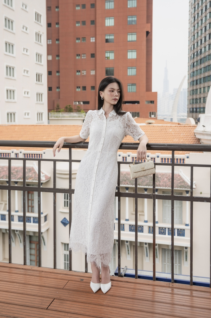 SWANLAKE | Váy Đầm Sơ Mi Nữ Vải Phối Ren Hoa 2 Lớp Chiết Eo Tay Ngắn Sang Trọng Đi Tiệc D13326LW01