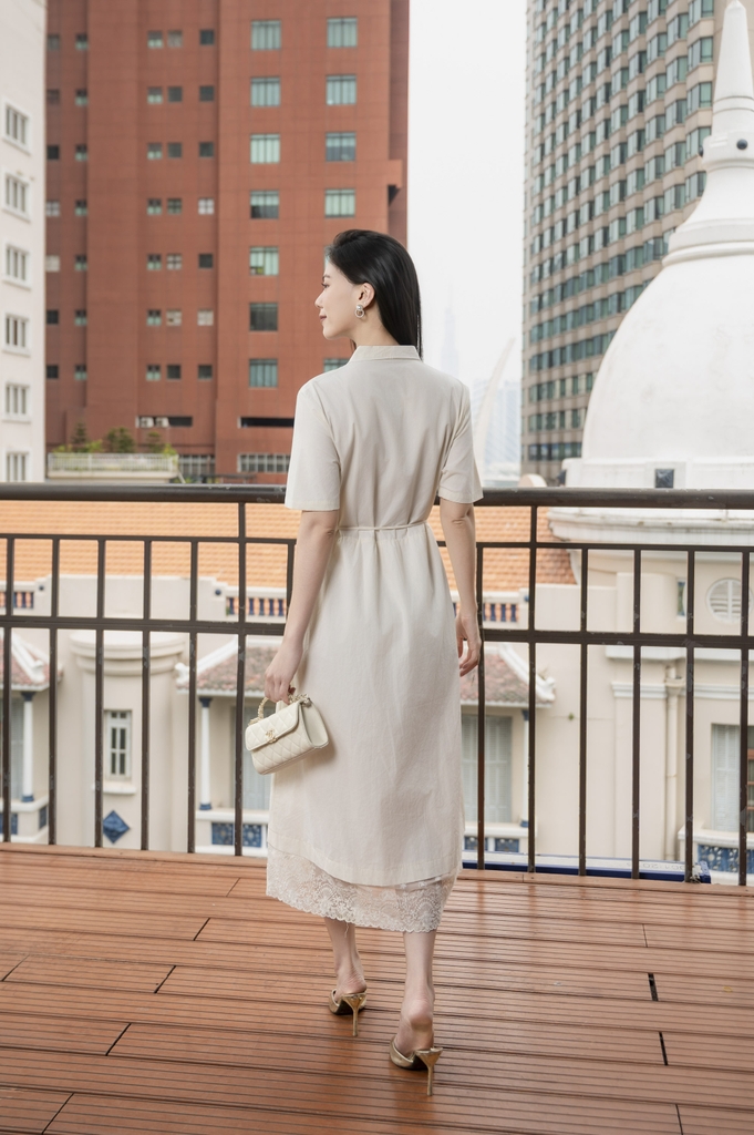 SWANLAKE | Váy Đầm Sơ Mi Nữ Cotton Phối Ren Hoa Dây Thắt Eo Tay Ngắn Công Sở Thanh Lịch D13441LW01