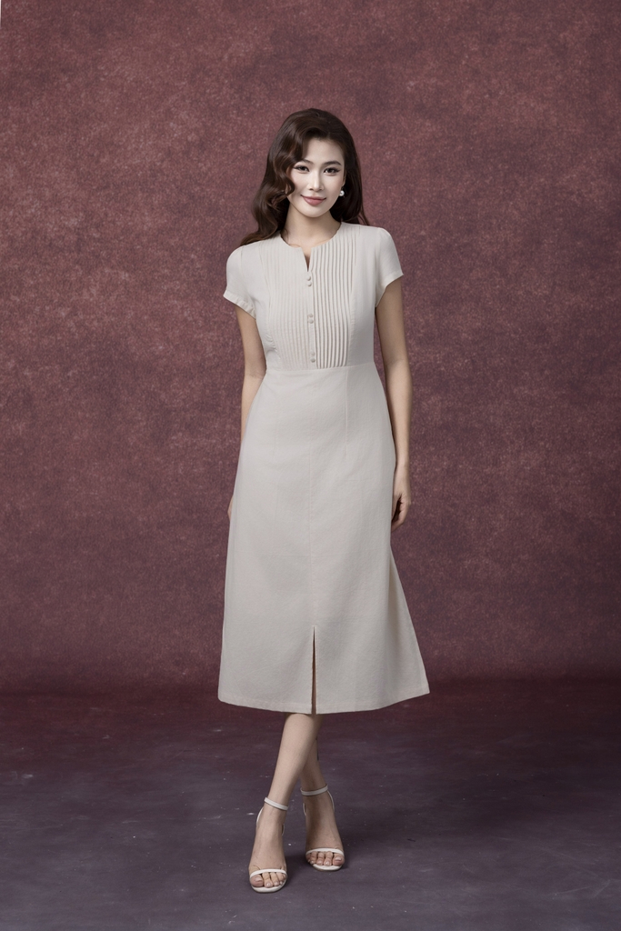 SWANLAKE | Váy Đầm Nữ Midi Cổ Chữ V Cài Nút Xếp Ly Vải Linen Tay Ngắn Thắt Eo Xẻ Tà Công Sở D13288LW01