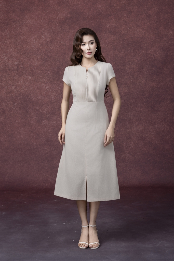 SWANLAKE | Váy Đầm Nữ Midi Cổ Chữ V Cài Nút Xếp Ly Vải Linen Tay Ngắn Thắt Eo Xẻ Tà Công Sở D13288LW01