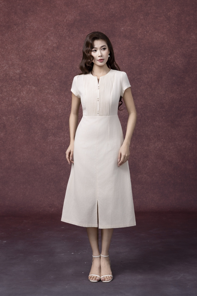 SWANLAKE | Váy Đầm Nữ Midi Cổ Chữ V Cài Nút Xếp Ly Vải Linen Tay Ngắn Thắt Eo Xẻ Tà Công Sở D13288LW01