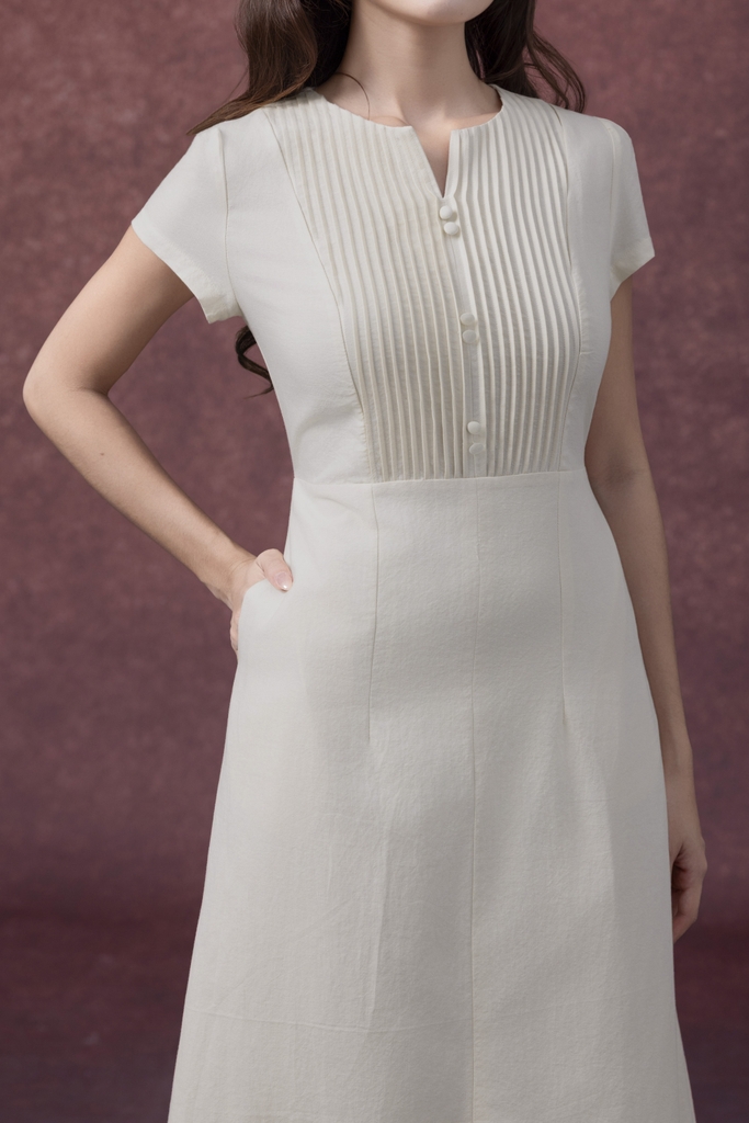 SWANLAKE | Váy Đầm Nữ Midi Cổ Chữ V Cài Nút Xếp Ly Vải Linen Tay Ngắn Thắt Eo Xẻ Tà Công Sở D13288LW01