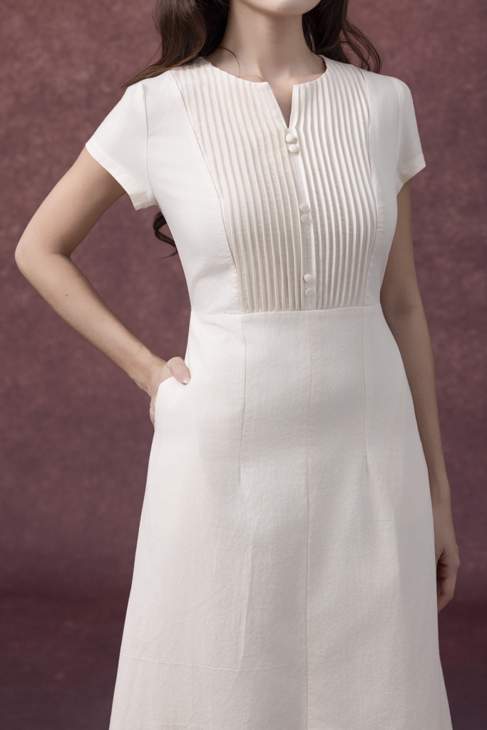 SWANLAKE | Váy Đầm Nữ Midi Cổ Chữ V Cài Nút Xếp Ly Vải Linen Tay Ngắn Thắt Eo Xẻ Tà Công Sở D13288LW01