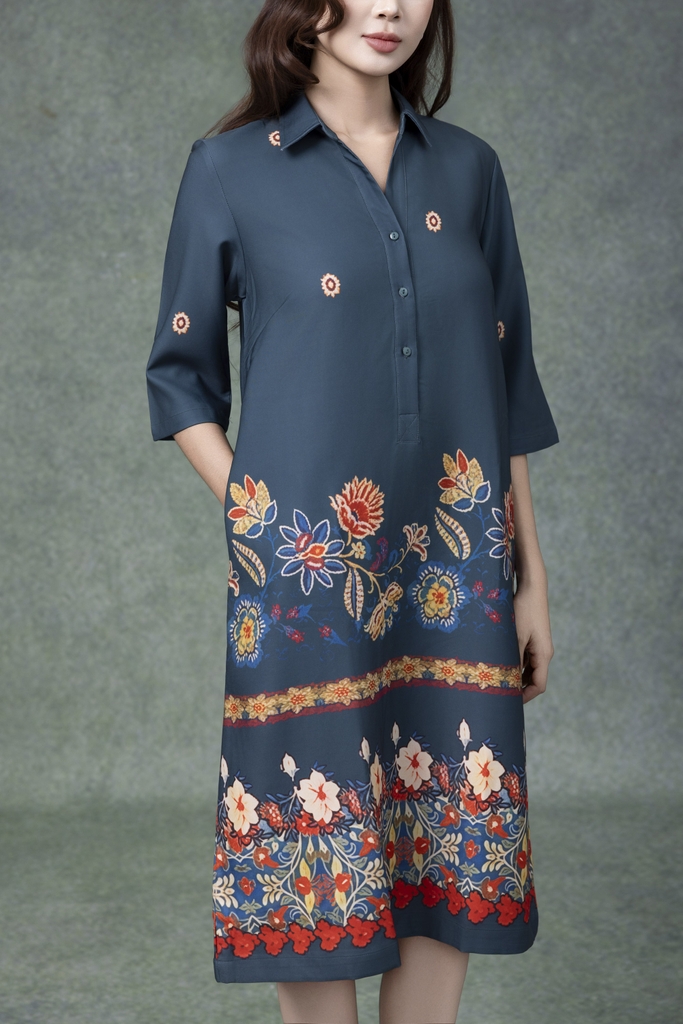 SWANLAKE | Váy Đầm Nữ Midi Tay Lỡ Cổ Sơ Mi Vải Lụa Dày In Hoa Có Túi Công Sở Dạo Phố D13263LW01