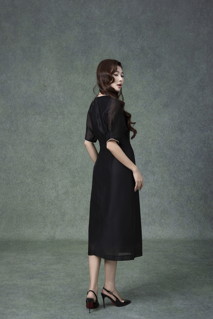 SWANLAKE | Váy Đầm Nữ Chất Tơ Cotton Thêu Hoa Cổ Chữ V Tay Ngắn Chiết Eo Đi Tiệc Công Sở D13286LW01