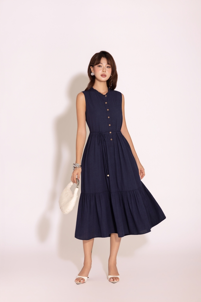 SWANLAKE | Váy Đầm Nữ Dài Đuôi Cá Xòe Sát Nách Vải Linen Hàn Cổ Trụ Cài Nút Công Sở Dạo Phố D13839LW01